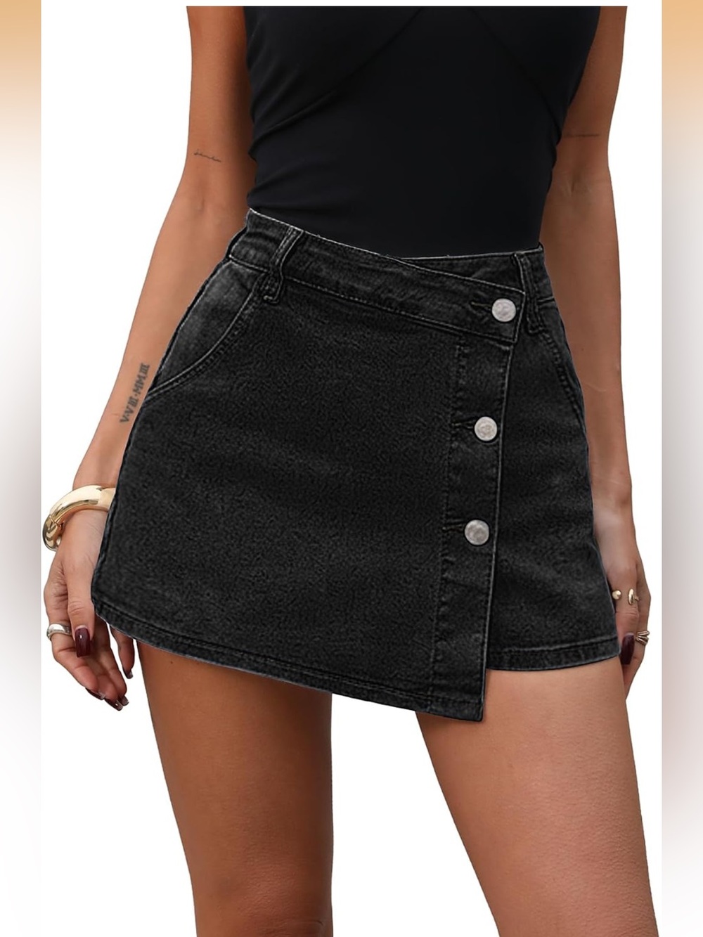 Black Asymmetrical Button-Front Denim Skirt